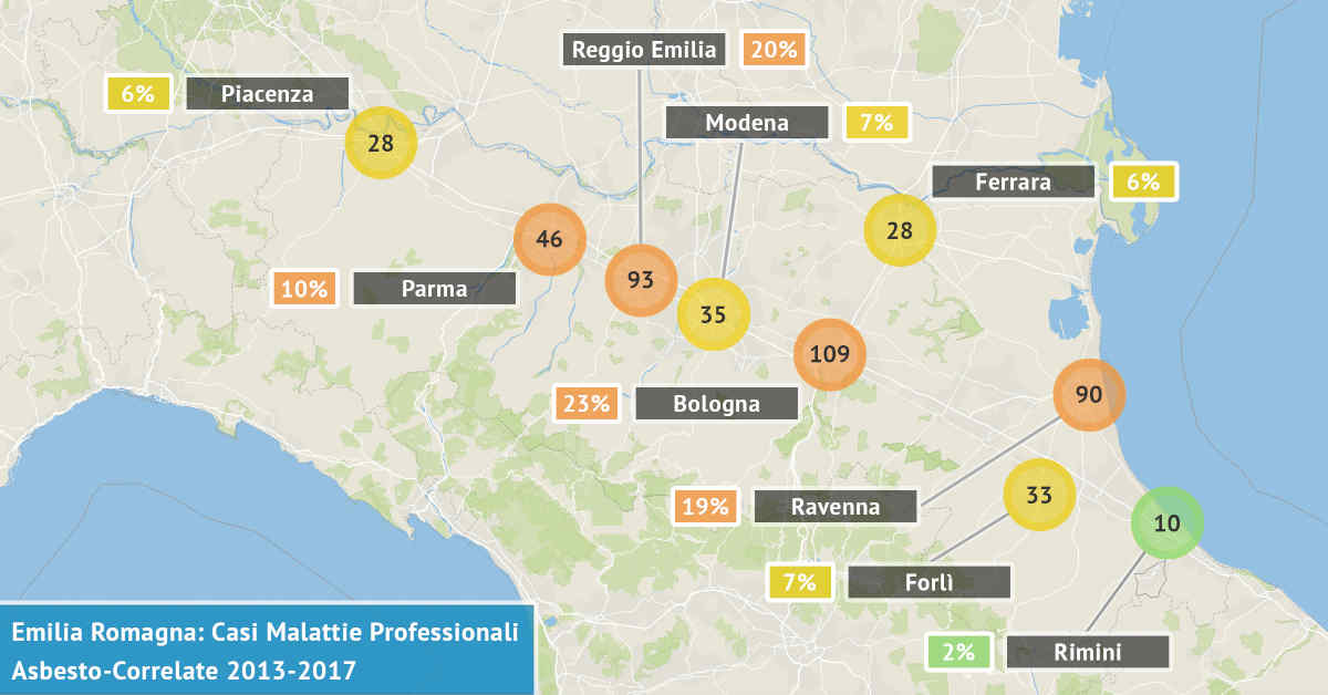 Mappa dell'Emilia Romagna con il numero di malattie professionali asbesto correlate accertate dal 2013 al 2017 visualizzate per provincia