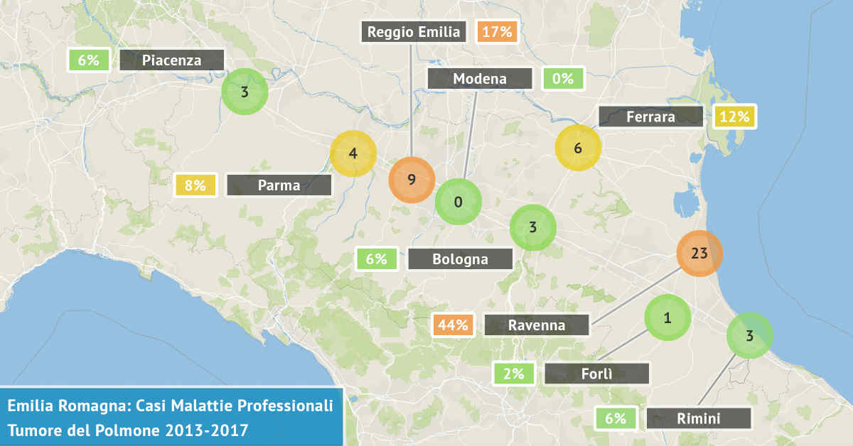 Mappa dell'Emilia Romagna con il numero di casi di tumori del polmone di origine professionale denunciati dal 2013 al 2017 visualizzati per provincia