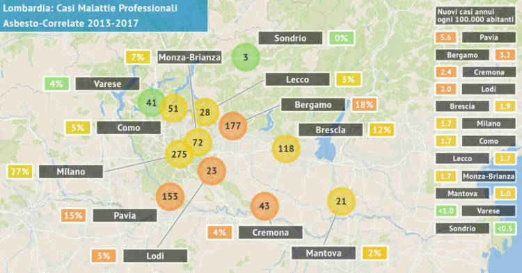 Mappa della Lombardia con il numero di malattie professionali asbesto correlate accertate dal 2013 al 2017 per provincia
